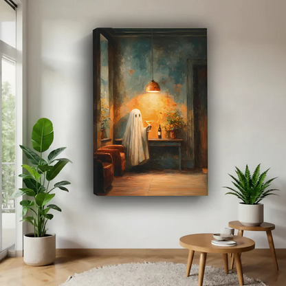 Gallery-wrap moody ghost cocktail canvas wall art displayed between plants in a bright living room