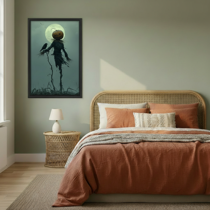 Framed moody Halloween scarecrow canvas wall art displayed above a warm-toned bedroom.