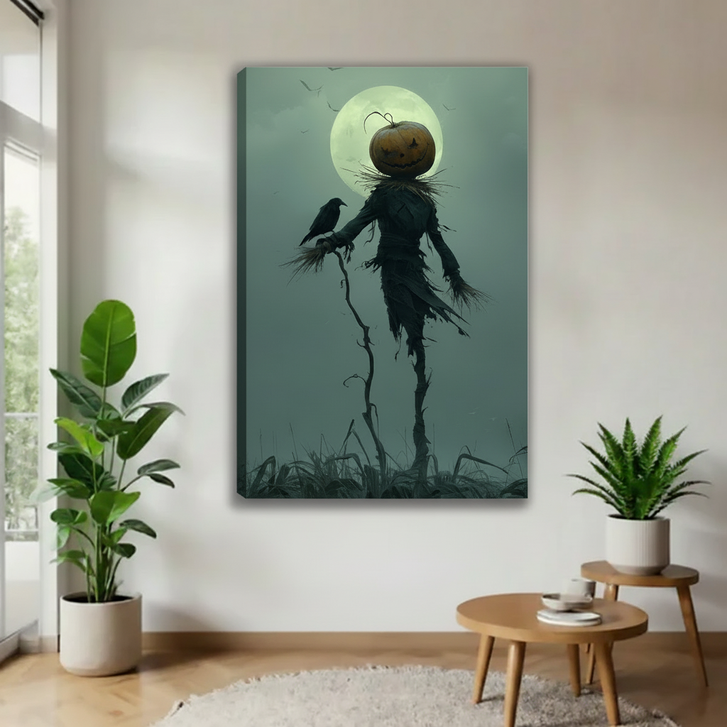Moody Halloween scarecrow canvas wall art shown as a gallery-wrap canvas with visible side depth.
