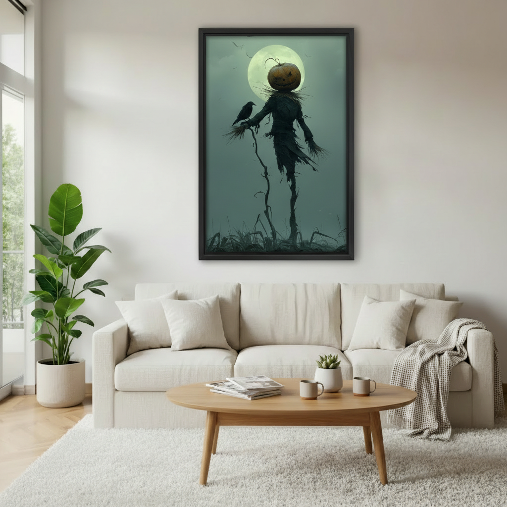Moody Halloween scarecrow canvas wall art displayed above a neutral sofa in a bright living room.