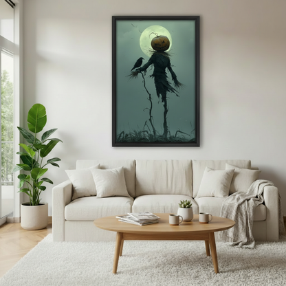 Moody Halloween scarecrow canvas wall art displayed above a neutral sofa in a bright living room.
