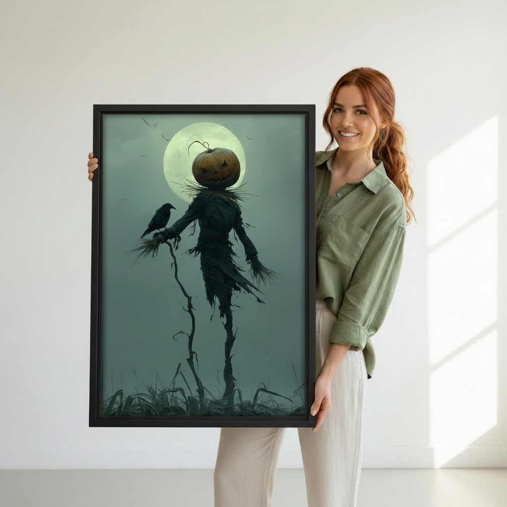 Framed moody Halloween scarecrow canvas wall art held by a woman to show its scale.