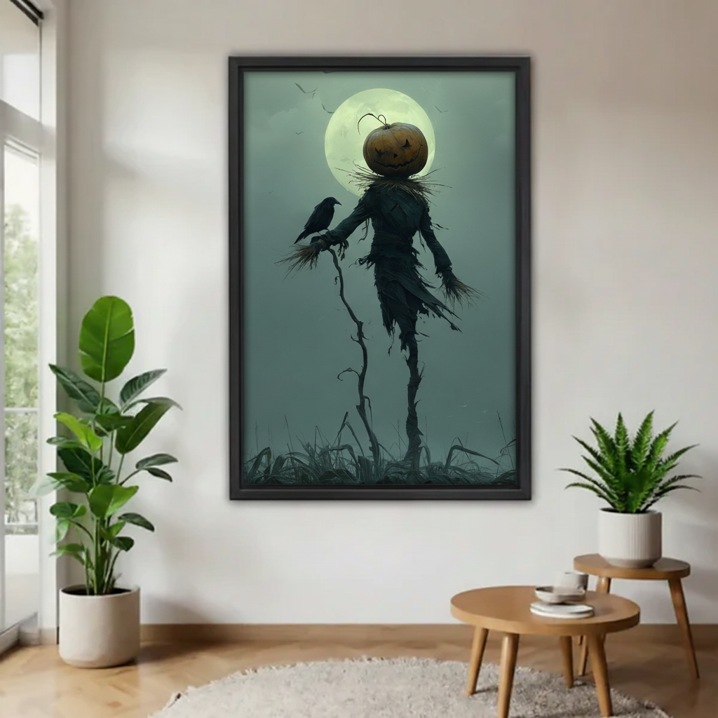 Framed moody Halloween scarecrow canvas wall art styled above a white sofa with indoor plants.