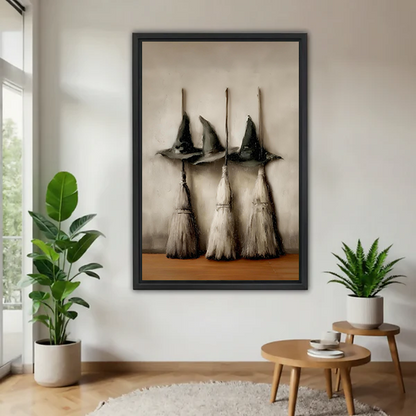 Moody realist still life of three dark witch hats and broomsticks framed canvas wall art displayed in a modern living room with plants