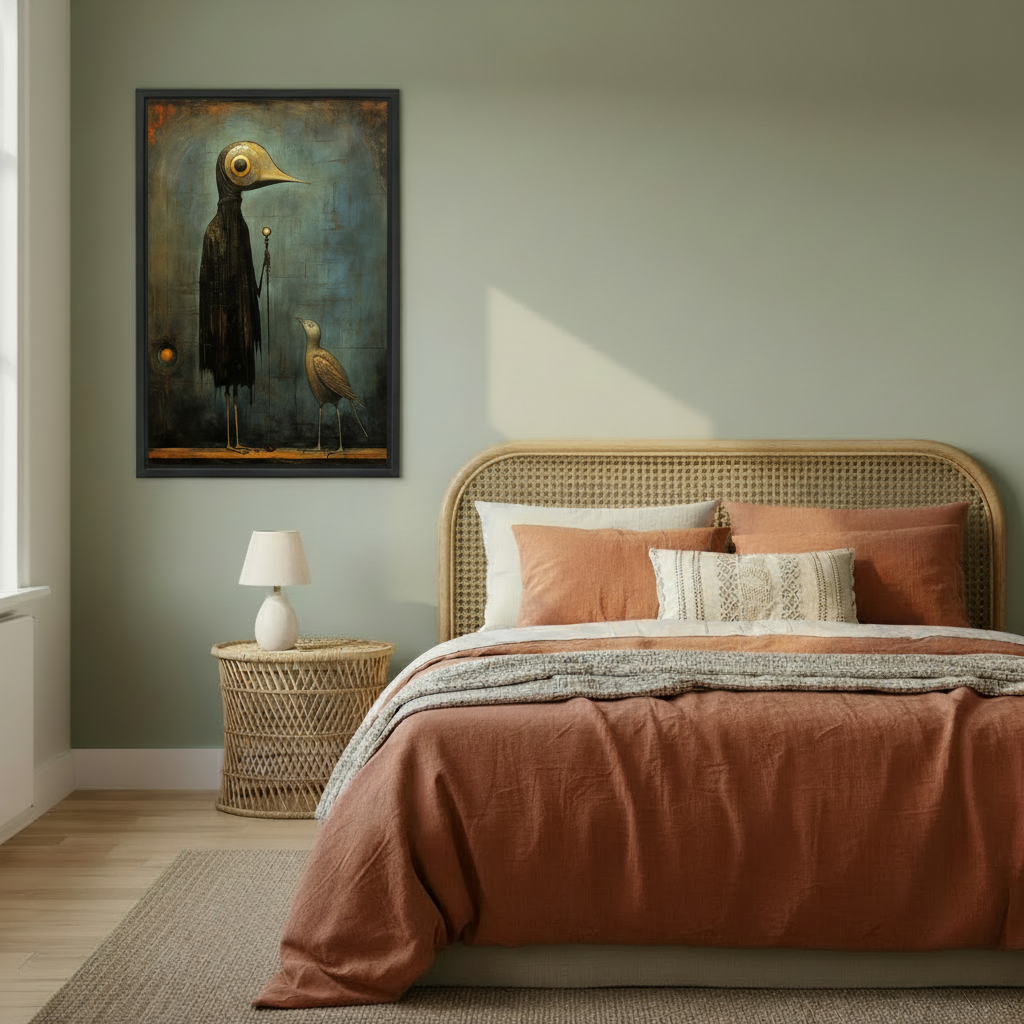 Framed moody vintage bird canvas wall art displayed above a warm-toned bedroom.