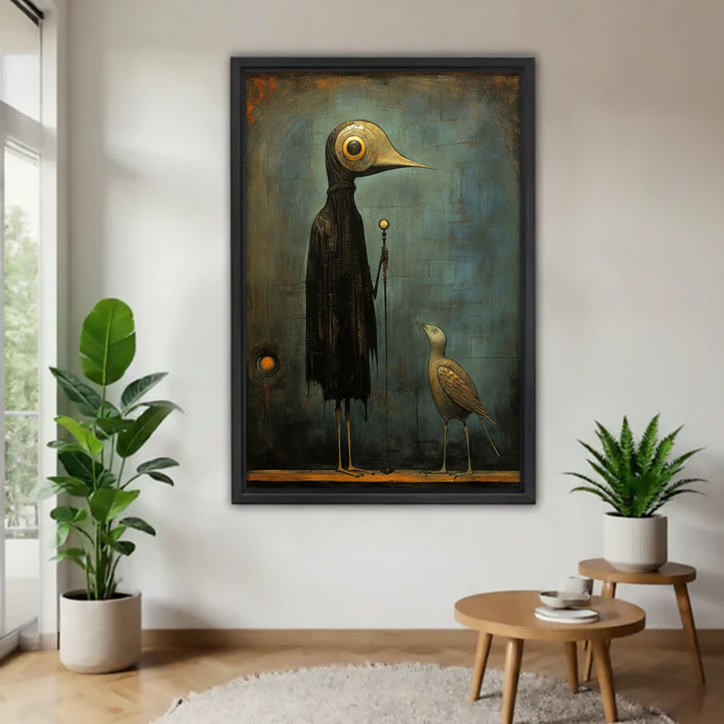 Moody vintage bird canvas wall art displayed in a black frame against a bright accent wall.