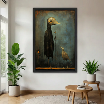 Moody vintage bird canvas wall art displayed in a black frame against a bright accent wall.