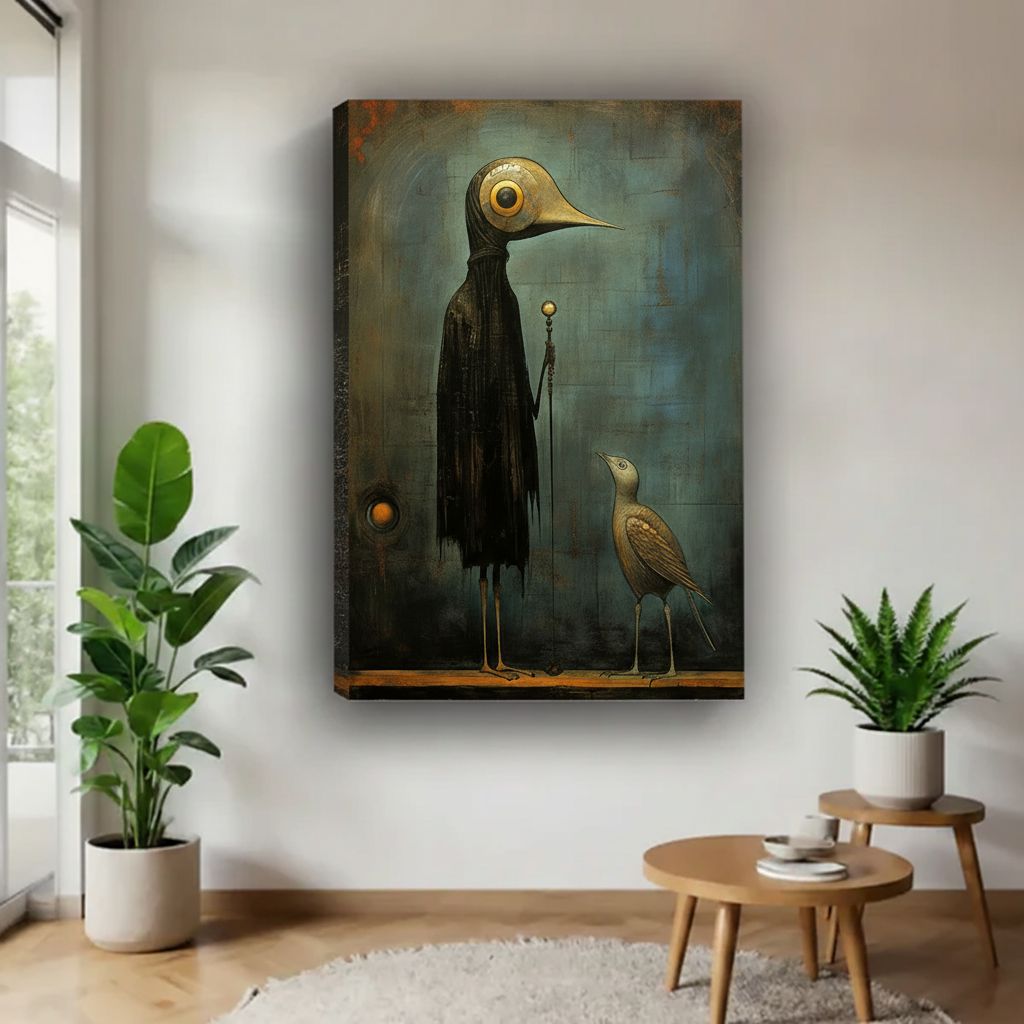 Moody vintage bird canvas wall art shown as a gallery-wrap canvas with visible side depth.
