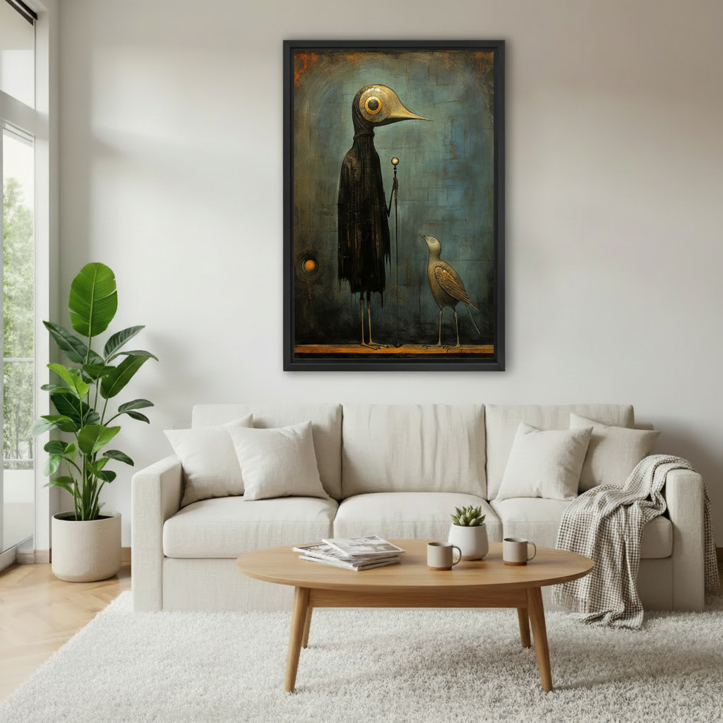 Framed moody vintage bird canvas wall art displayed above a neutral sofa in a bright living room.