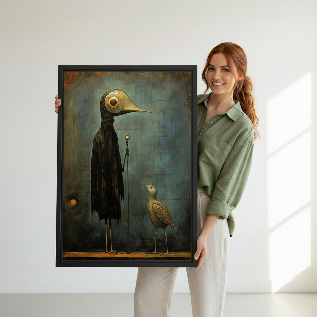 Framed moody vintage bird canvas wall art held by a woman to show its scale.