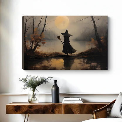 Gallery-wrap moody witch moon canvas wall art showing left canvas edge above a wooden console