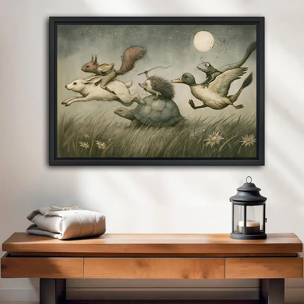 Black-framed moonlit animal adventure canvas wall art above a white bed with pillows and a wooden headboard.