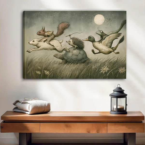 Moonlit animal adventure canvas wall art in a black frame above a wooden console with blankets and a lantern.