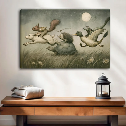 Moonlit animal adventure canvas wall art in a black frame above a wooden console with blankets and a lantern.