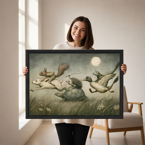 Woman holding black-framed moonlit animal adventure canvas wall art showing animal pairs crossing a flower-filled meadow.