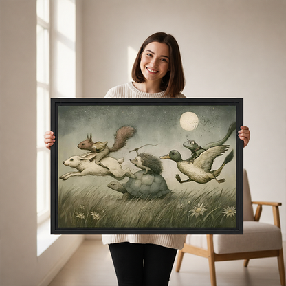 Woman holding black-framed moonlit animal adventure canvas wall art showing animal pairs crossing a flower-filled meadow.
