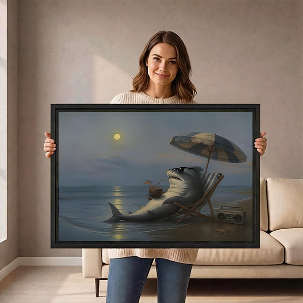 Gallery-wrap moonlit beach shark canvas wall art above a wooden console, featuring a reclining shark with sunglasses.