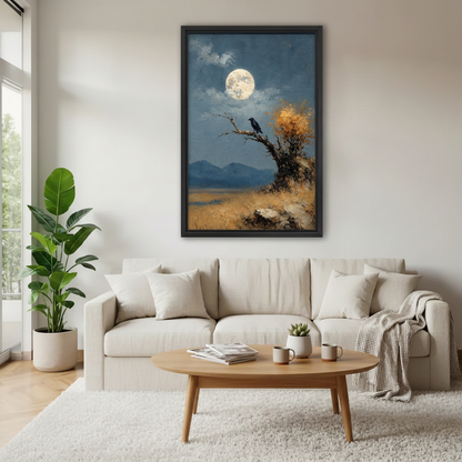 Framed moonlit blackbird canvas wall art above a cream sofa with neutral cushions and a wooden coffee table.