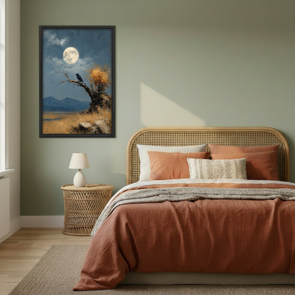 Moonlit blackbird canvas wall art in a black frame on a sage green bedroom wall beside a rattan bed.
