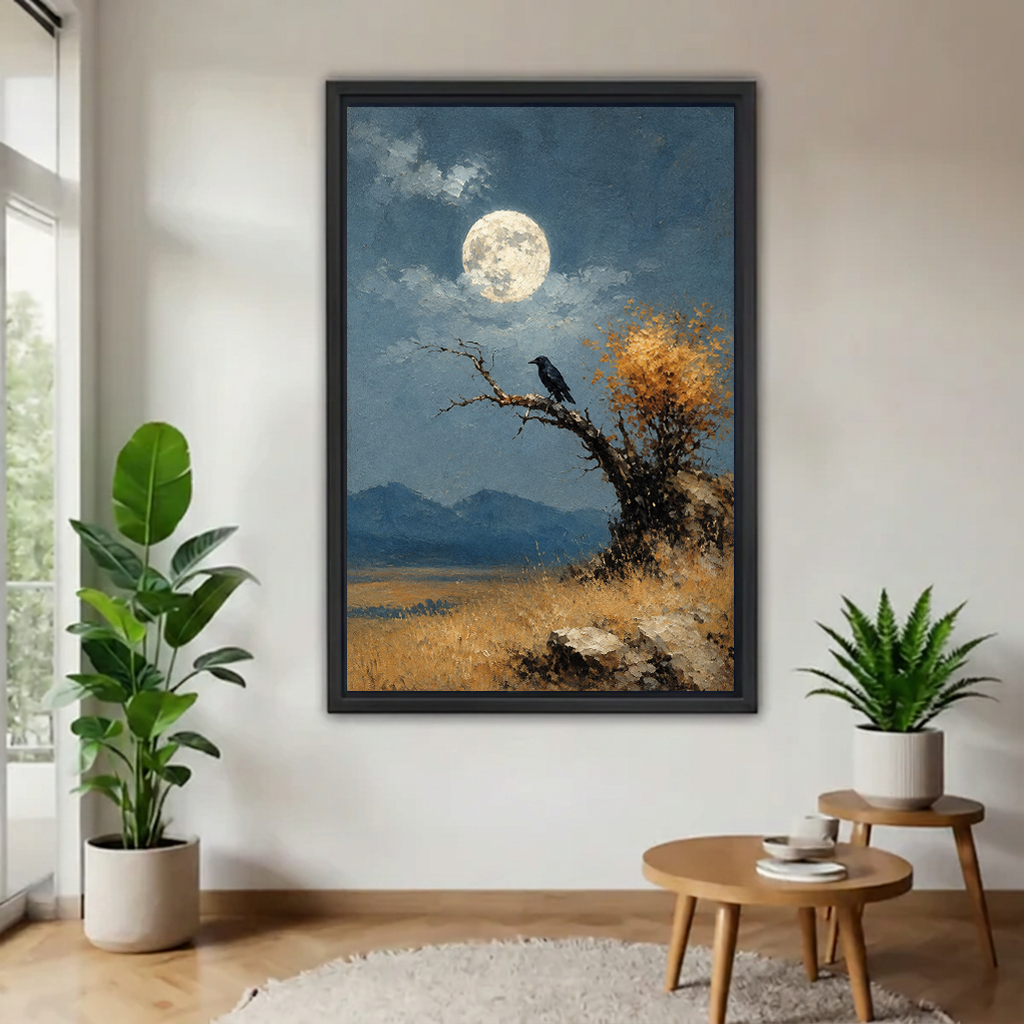 Black-framed moonlit blackbird canvas wall art displayed beside a bright window, leafy plants, and round wooden tables.