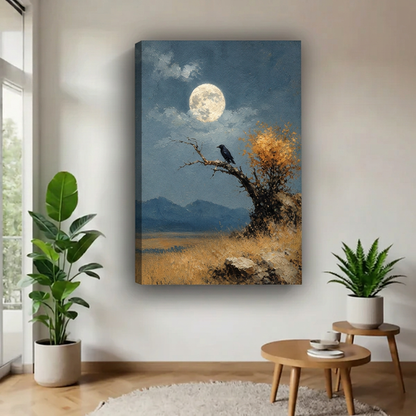 Moonlit blackbird canvas wall art without an outer frame, showing golden autumn foliage and blue mountains between green plants