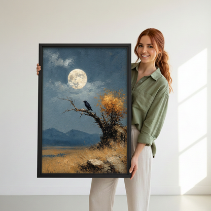 Woman holding black-framed moonlit blackbird canvas wall art featuring a full moon above a bird on a branch.