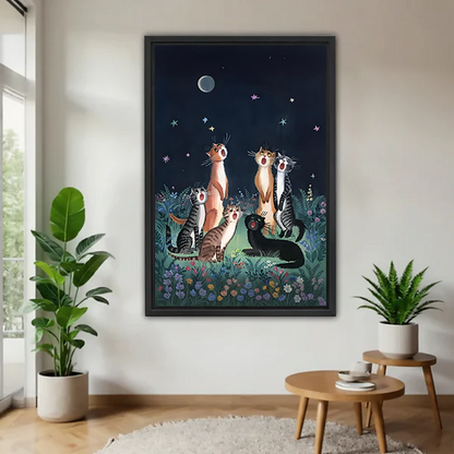 Whimsical moonlit cats canvas wall art without an outer frame, displayed between houseplants above wooden tables.