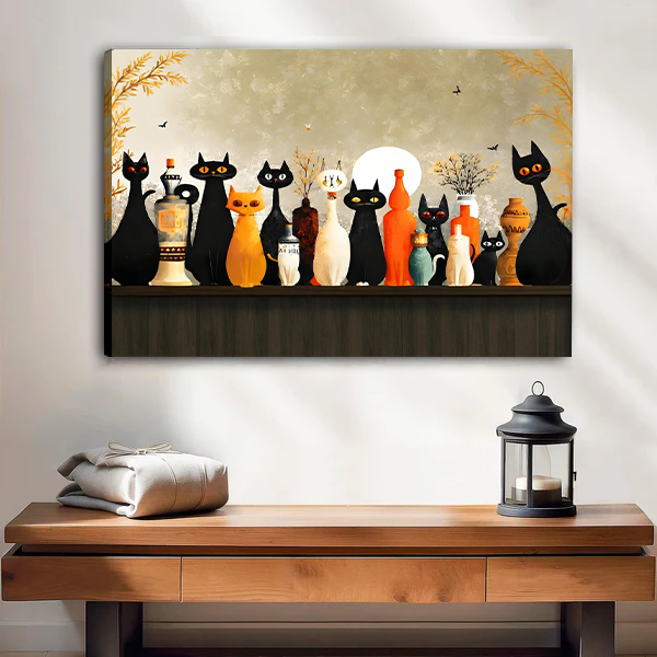 Woman holding black-framed moonlit cats canvas wall art featuring expressive cats, colorful vessels, and a glowing full moon.