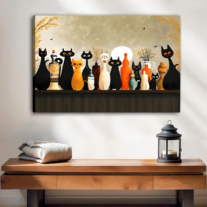 Woman holding black-framed moonlit cats canvas wall art featuring expressive cats, colorful vessels, and a glowing full moon.
