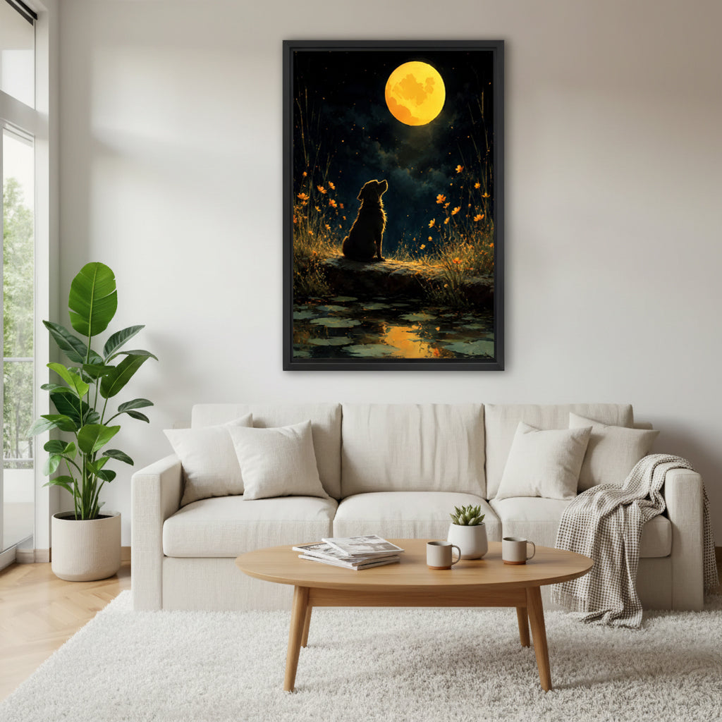 Moonlit dog canvas wall art displayed above sofa in bright modern living room