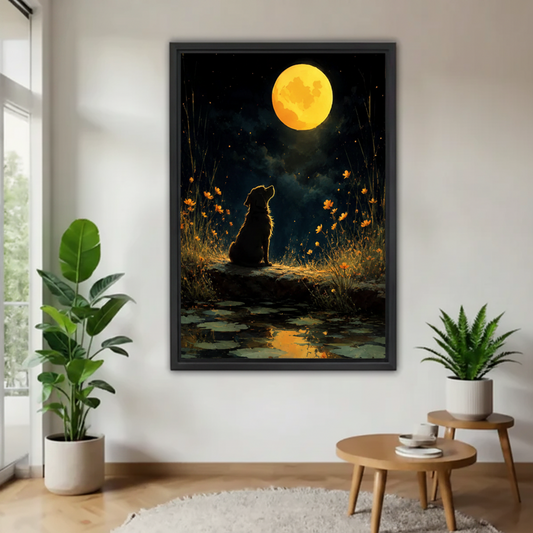 Moonlit dog canvas wall art in Scandinavian living room with neutral decor
