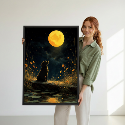Woman holding moonlit dog framed canvas wall art – dreamy night scene print