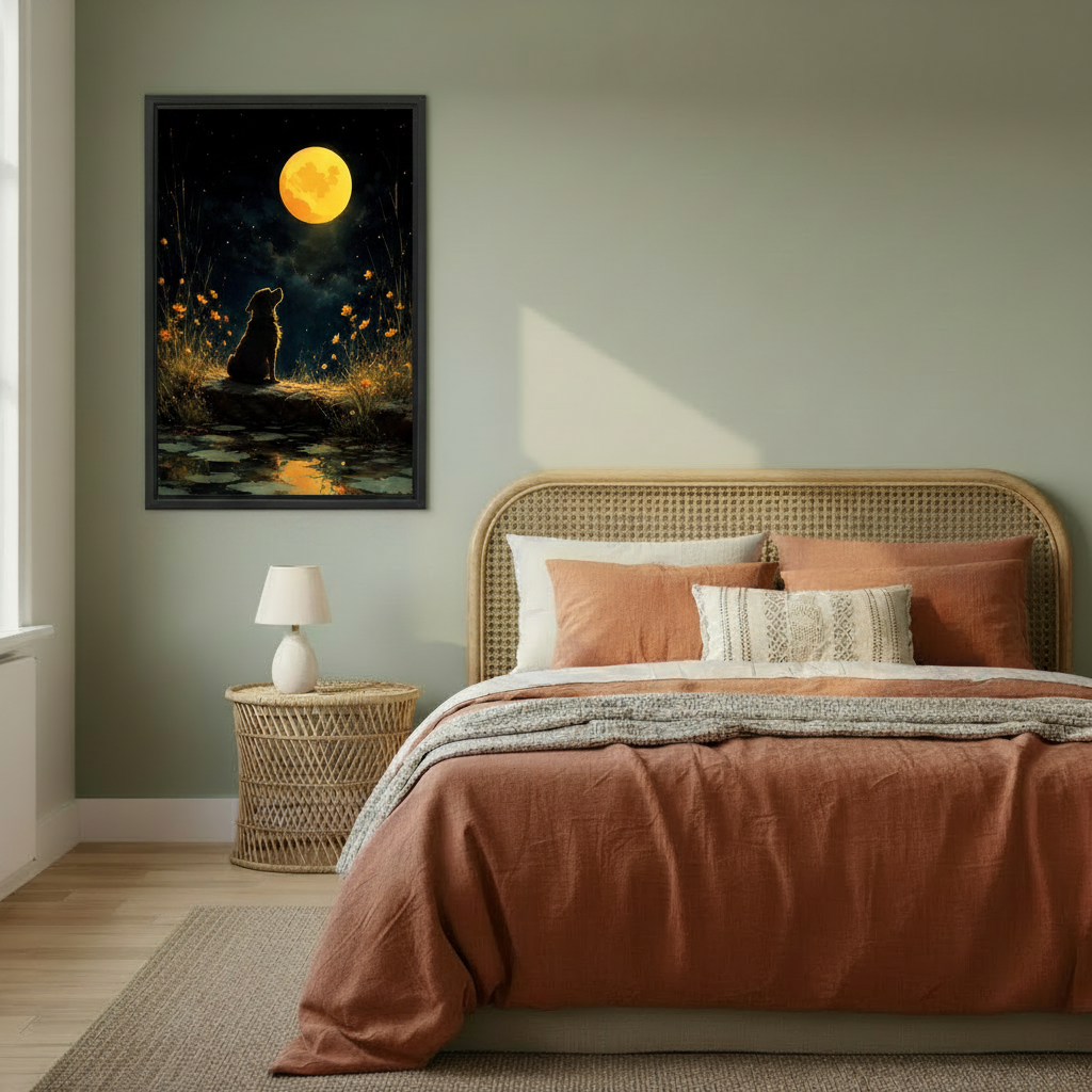 Moonlit dog framed wall art print in cozy boho bedroom with warm earth tones