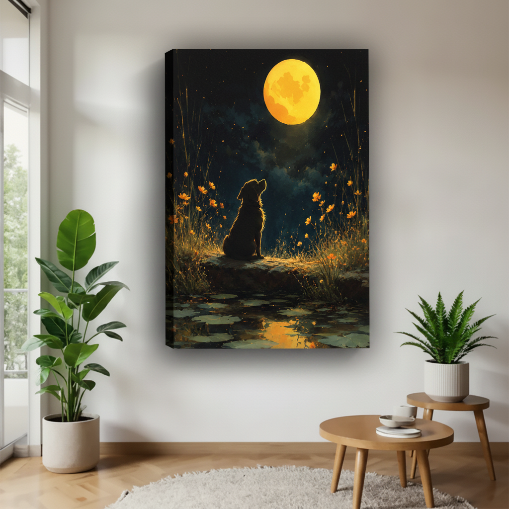 Moonlit dog gallery wrap canvas hung in minimalist hallway with indoor plants