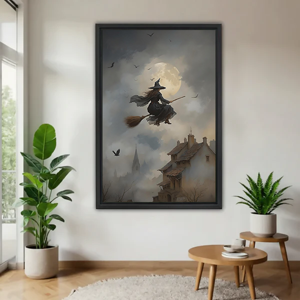 Unframed moonlit flying witch canvas wall art between potted plants, showing a broom-riding witch above misty rooftops.