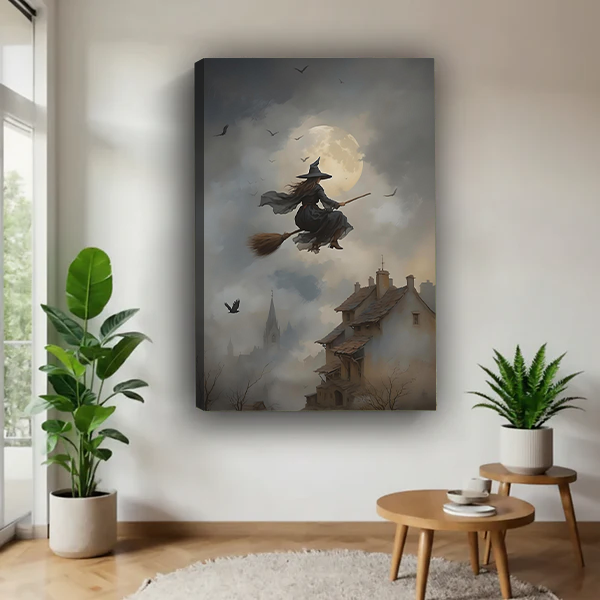 Black-framed moonlit flying witch canvas wall art above a cream sofa with a wooden coffee table.