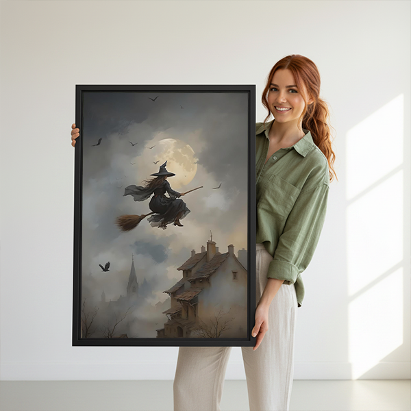 Moonlit flying witch canvas wall art in a black frame between potted plants above small wooden tables.