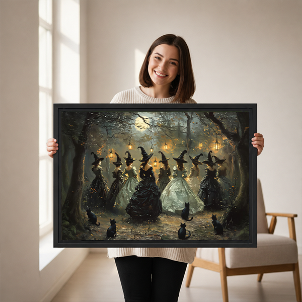 Framed moonlit forest witches canvas wall art above white bedding and a wooden headboard in a neutral bedroom.