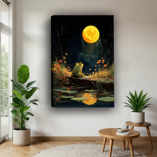 Framed moonlit frog pond canvas wall art with orange flowers and a golden moon displayed above a cream sofa.