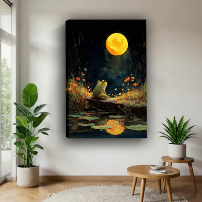 Framed moonlit frog pond canvas wall art with orange flowers and a golden moon displayed above a cream sofa.