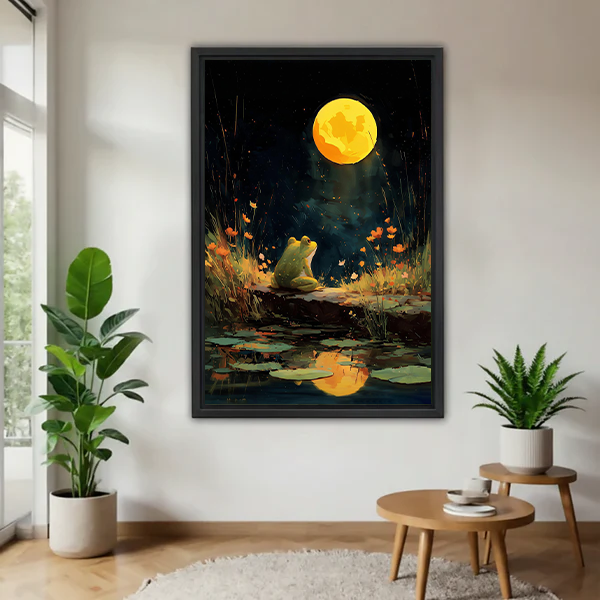 Black-framed moonlit frog pond canvas wall art with a golden moon and lily pads displayed between potted plants.