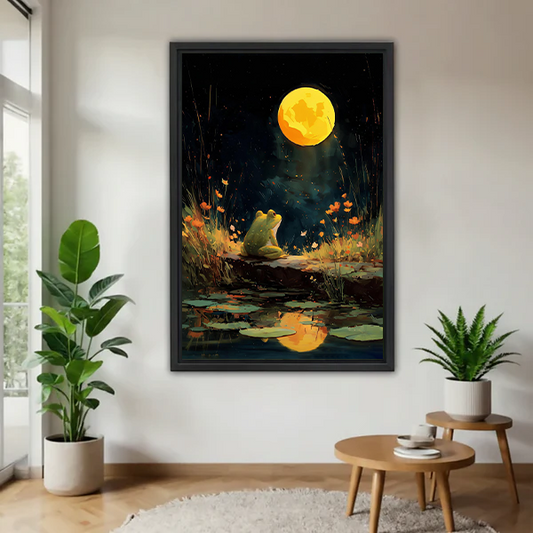 Black-framed moonlit frog pond canvas wall art with a golden moon and lily pads displayed between potted plants.