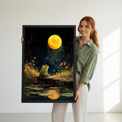 Black-framed moonlit frog pond canvas wall art displayed beside a rattan headboard and terracotta bedding in a bedroom.