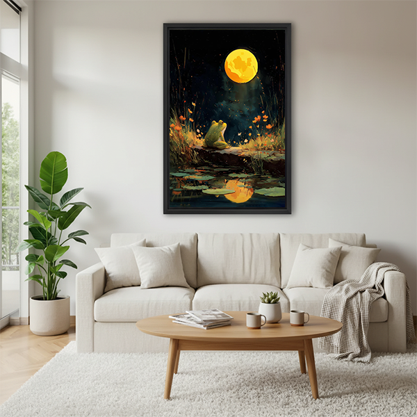 Gallery-wrap moonlit frog pond canvas wall art showing a green frog and golden moon reflection beside plants and wooden tables.
