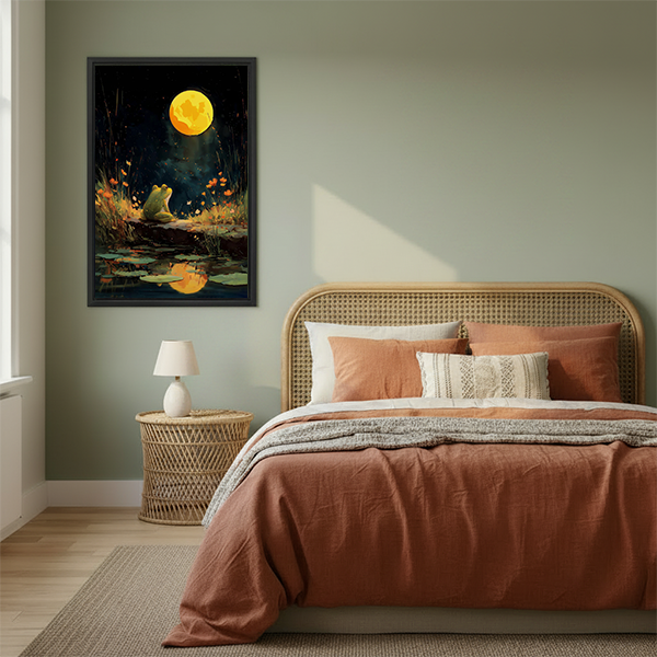 Woman holding black-framed moonlit frog pond canvas wall art featuring a green frog beneath a glowing golden full moon.