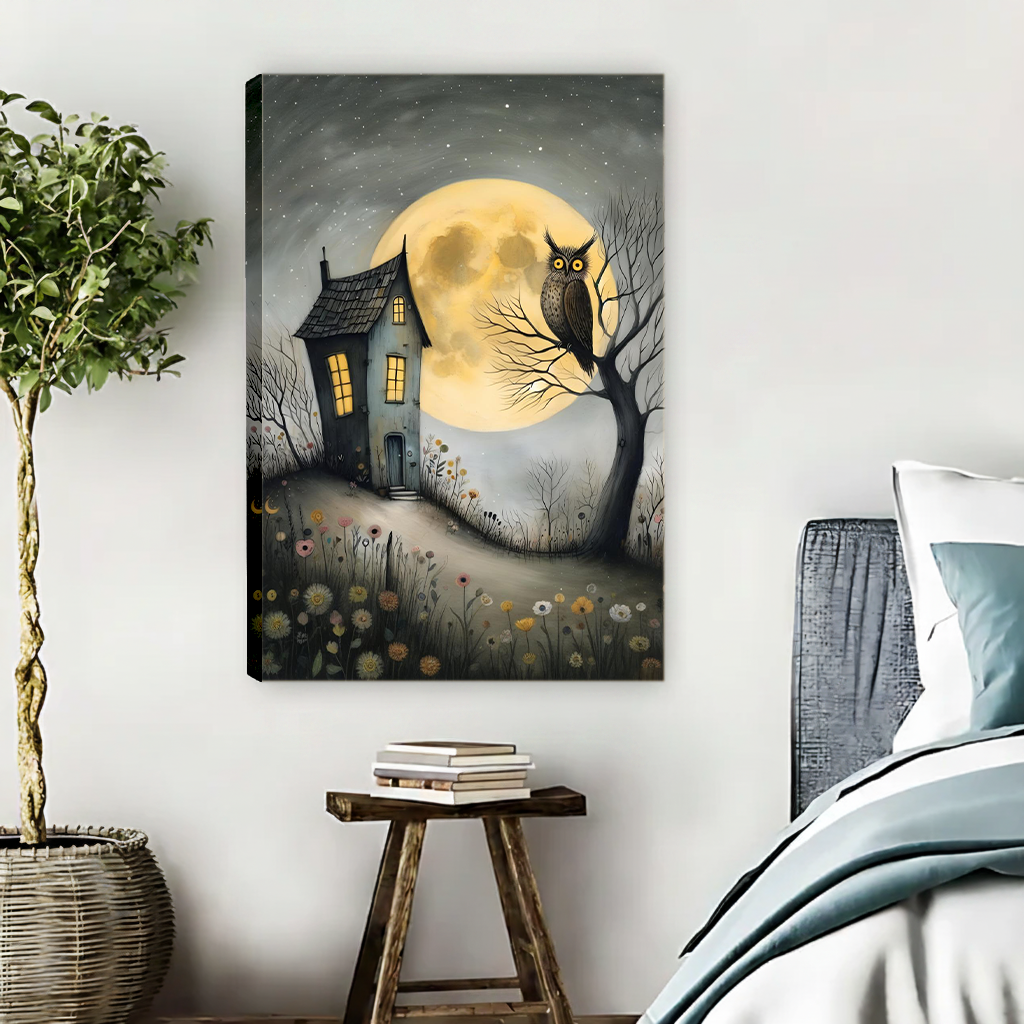 Unframed moonlit owl cottage dark fairy tale canvas art print with wildflowers and full moon hanging in modern bedroom
