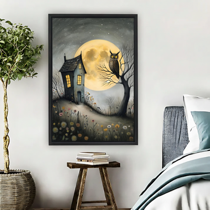 Enchanting moonlit owl perched on bare tree beside glowing cottage dark fairy tale framed canvas print in cozy bedroom