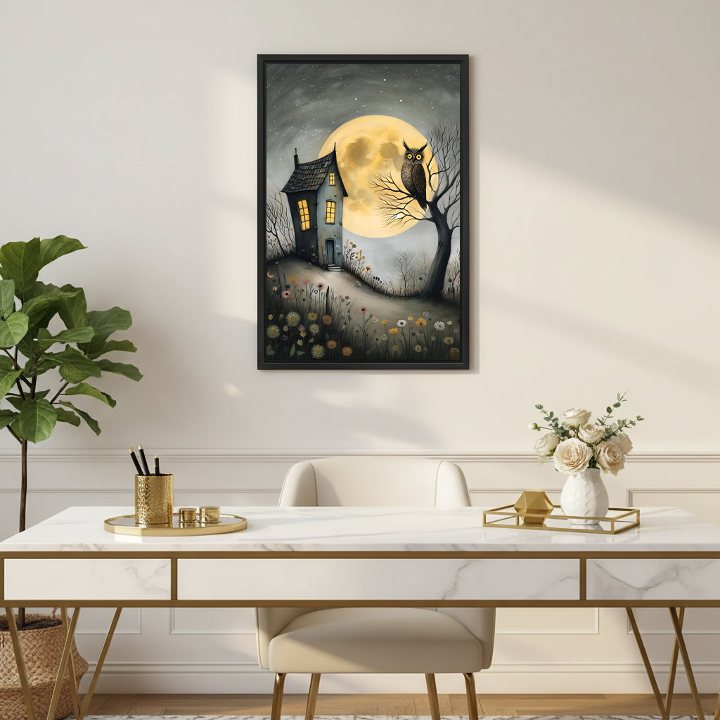 Framed moonlit owl cottage dark fairy tale canvas print hanging above marble gold desk in elegant home office with white roses