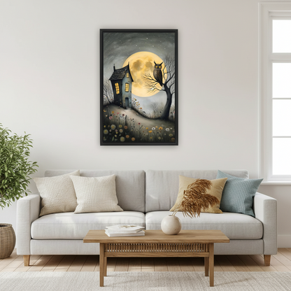 Moonlit owl cottage dark fairy tale framed canvas displayed above neutral linen sofa in bright Scandinavian living room