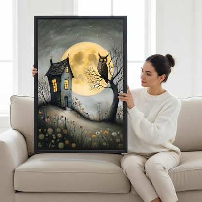 Woman holding large framed moonlit owl cottage dark fairy tale canvas print showing size scale on cream sofa